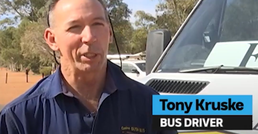 Tony on ABC Backroads Finke 2018 - centre bush bus